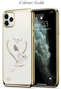 Луксозен силиконов гръб ТПУ FASHION с 3D камъни и сърце за Apple iPhone 11 6.1 златист кант 